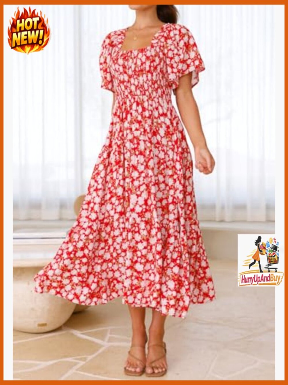 Boho Floral Maxi Dress Smocked Bust Square Neck Short Sleeve Casual Beach - Picture 6 of 7